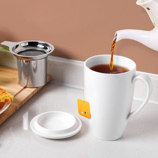 Ceramics Tea Cup Set, complete with infuser and lid for tea enthusiasts.