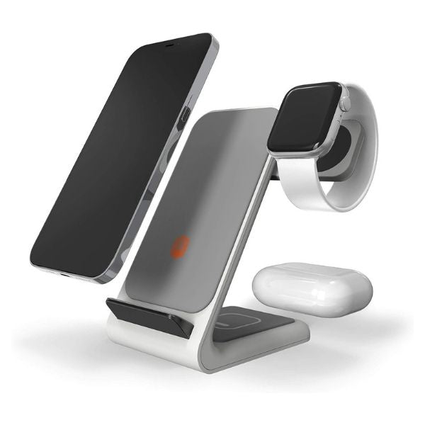 Modern 3-in-1 charging stand for phone, watch, and earbuds, ideal 21st birthday gift for tech enthusiasts.