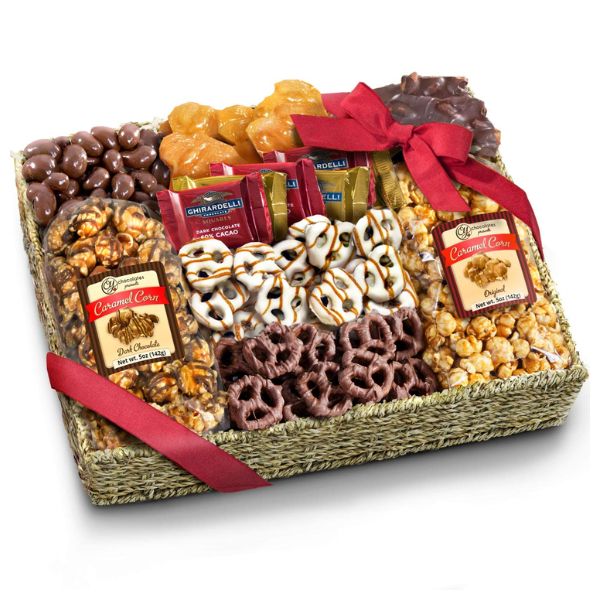 The Chocolate Caramel and Crunch Grand Basket is a luxurious gift option to spoil your girlfriend's mom