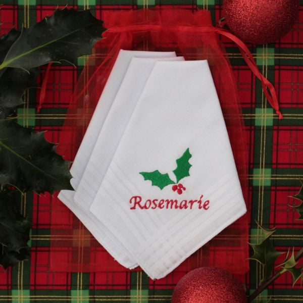 Elegant Christmas Handkerchiefs, ideal Christmas gifts for grandparents, featuring festive designs and intricate embroidery