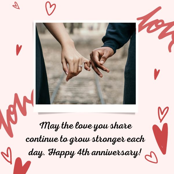 Close-up of a couple's hands intertwined with a message about growing love on their 4th anniversary.