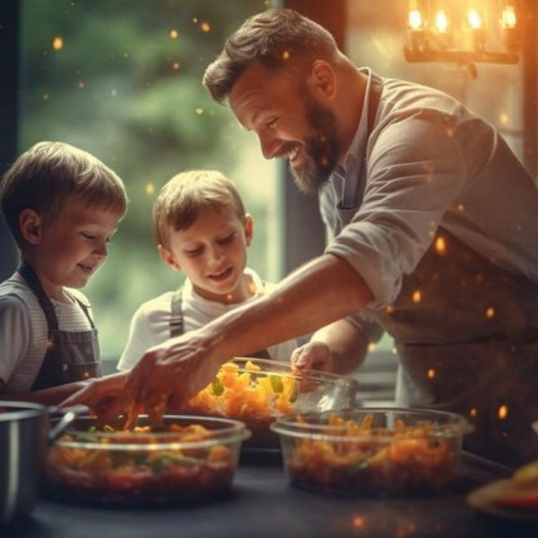 Cook a Special Meal depicted in a heartwarming image, showcasing a father and son joyfully
