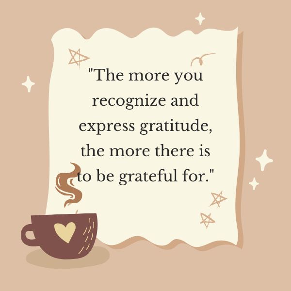 Warm coffee cup graphic with a blessing quote about gratitude and abundance.