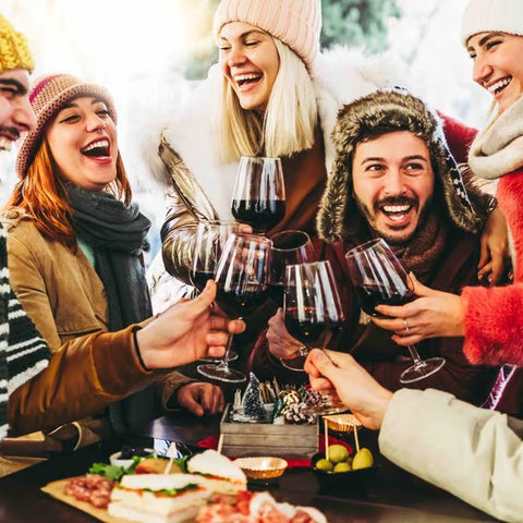 Friends toasting with wine at a cozy winter wonderland gathering.