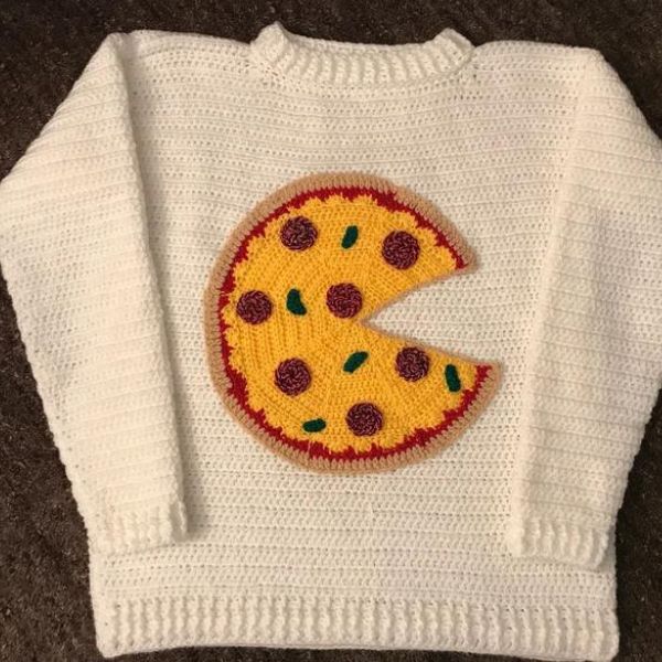 Crochet Pizza Sweater, a quirky and fun DIY gift for friends with a taste for unique fashion.