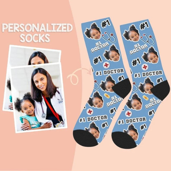 Unique custom photo socks featuring doctor's face, a fun and personal doctor retirement gift