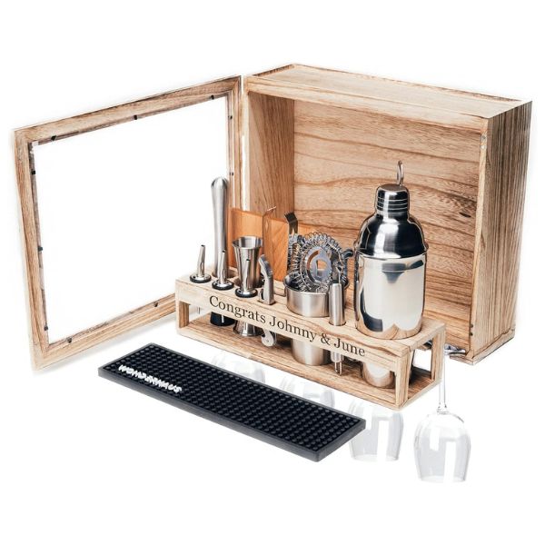 Elegant custom drink sets and bar kits, a sophisticated military retirement gift for home bartenders.