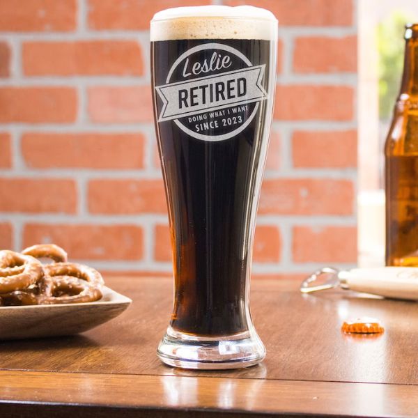 Custom Engraved Retirement Beer Glass, a personalized toast to retirement life.