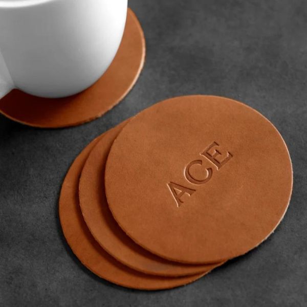 Custom Leather Circle Coasters - Set of 4, a practical and elegant three year anniversary gift