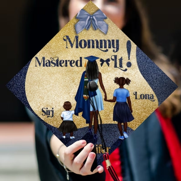 Custom Mommy Mastered It Graduation Cap celebrates the accomplishments of moms.