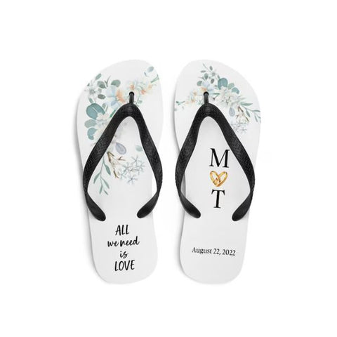 Tropical-themed flip flops, perfect for beach weddings.