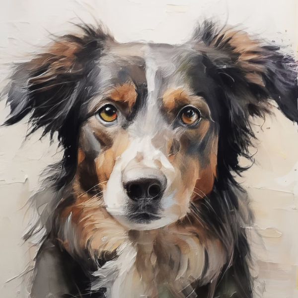 Custom pet portrait blending oil painting and watercolor techniques, capturing a dog's soulful eyes.