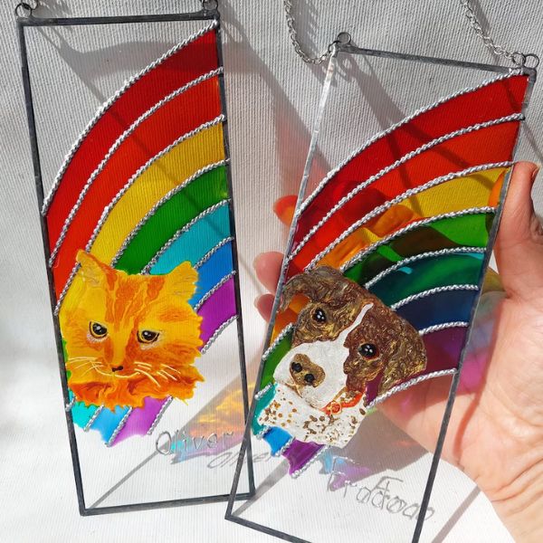 Colorful custom pet stained glass artwork capturing a pet's vibrant spirit.