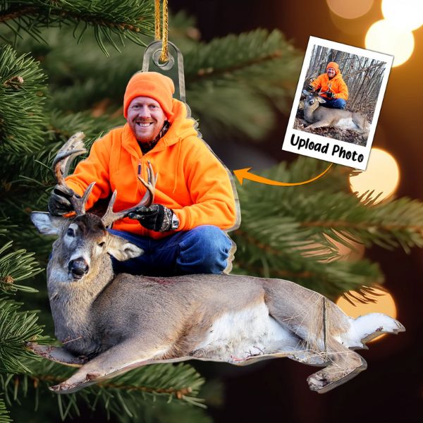 Custom Photo Hunting Ornament, personalized keepsake featuring memorable hunting exploits.
