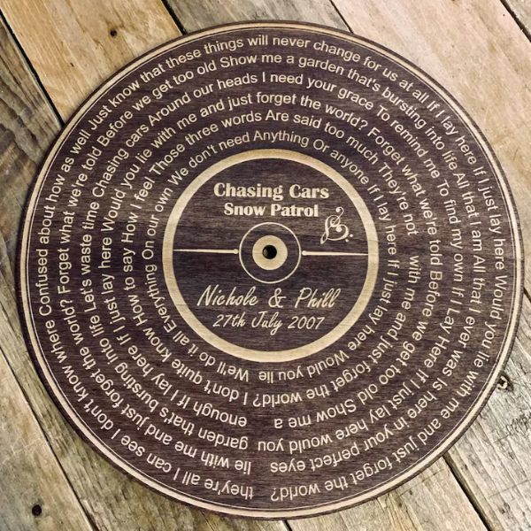 Custom Wooden Song Lyric Wall Art Record, a personalized 5 year anniversary gift cherishing special moments.