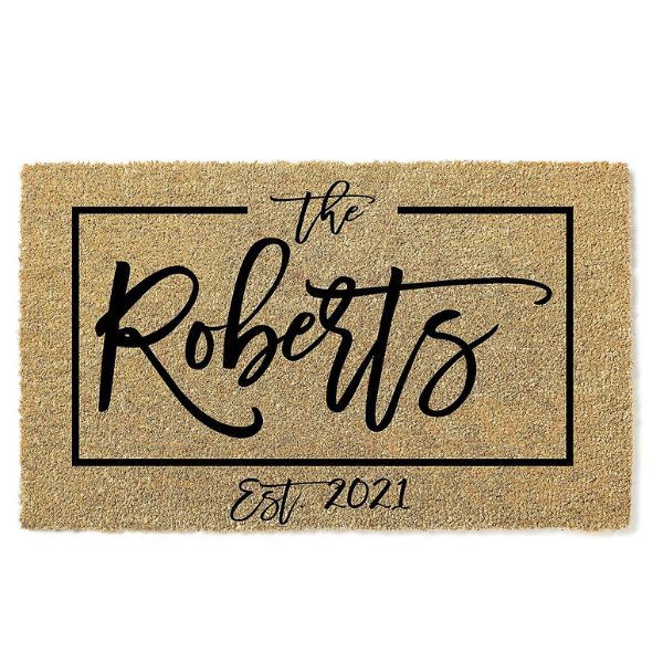 Customized Welcome Mat featuring a couple's name, an ideal Wedding Gift for a Friend.