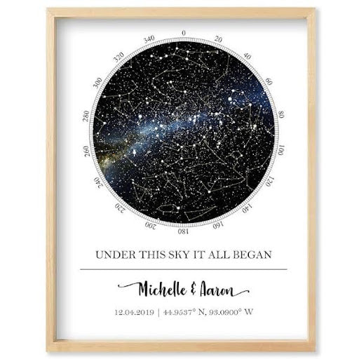 A Customized Star Map displaying constellations from a special date, perfect as a Wedding Gift for a Friend.