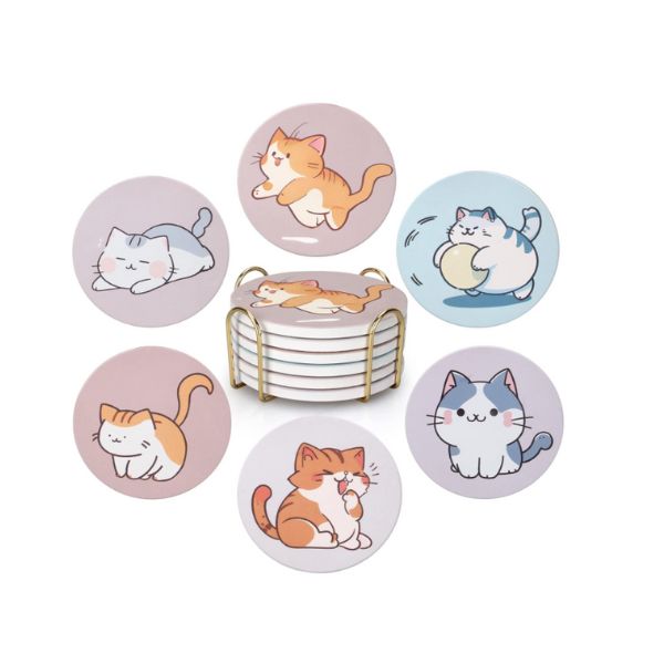 Cute Cat Coasters (Pack of 6) are purr-fect for cat lovers, adding flair to tabletops.