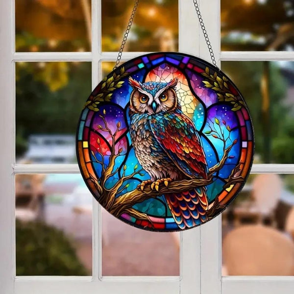 Cute Colorful Acrylic Owl Window Hanging catching the sunlight