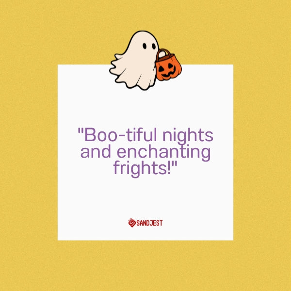 A cute ghost graphic carrying a pumpkin bucket with a lighthearted Halloween quote.