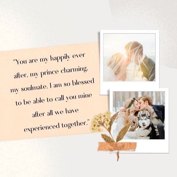 A loving couple's photo with a heartfelt anniversary quote celebrating their happily ever after and soulmate connection.