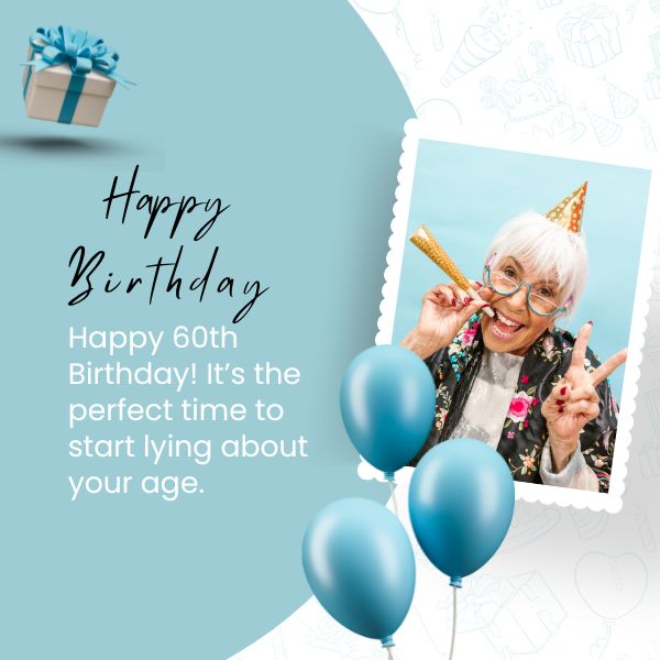 Joyful senior lady celebrating 60th birthday with humor and blue balloons.
