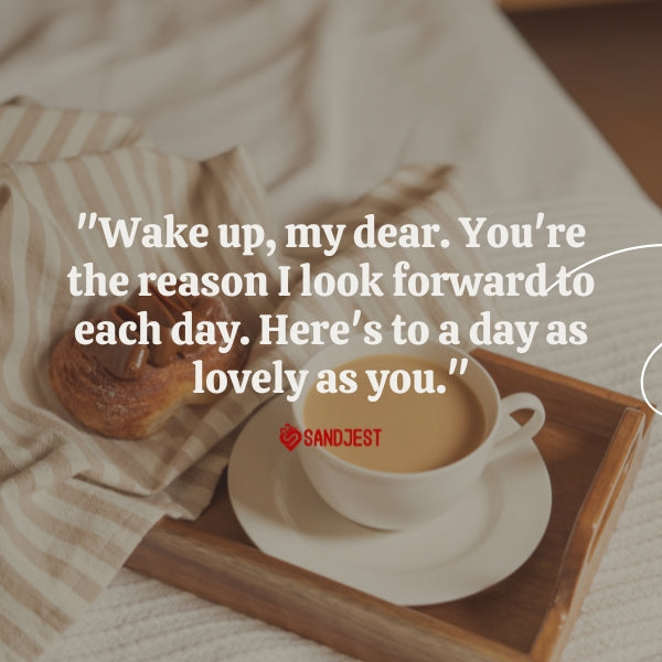 Breakfast in bed setting with a note beside a morning coffee.
