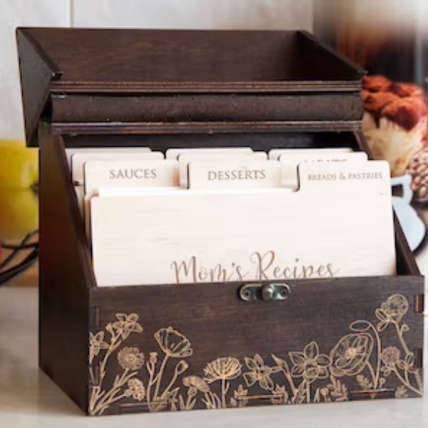 A decorated recipe box, a personalized and thoughtful DIY gift for mom.