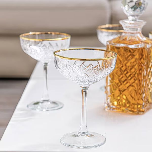 Diamond-Cut Gold Rimmed Champagne Coupes, perfect for celebrating a 30th anniversary in style.