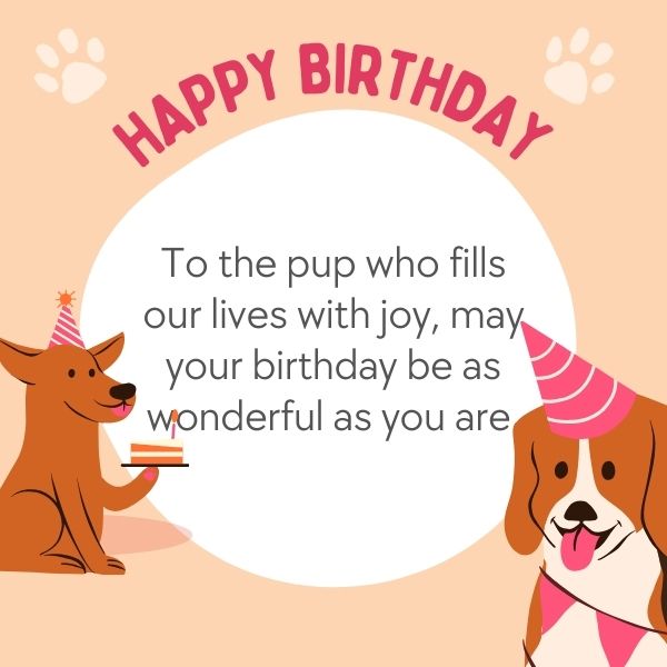 Cartoon dogs celebrating with a birthday message for a joyful canine companion.
