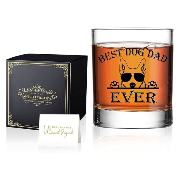 One of the perfect gifts for dog dads, with Gifts for Dog Dads inscribed on the glass, showcasing the ideal present for dog-loving fathers who enjoy a relaxing drink