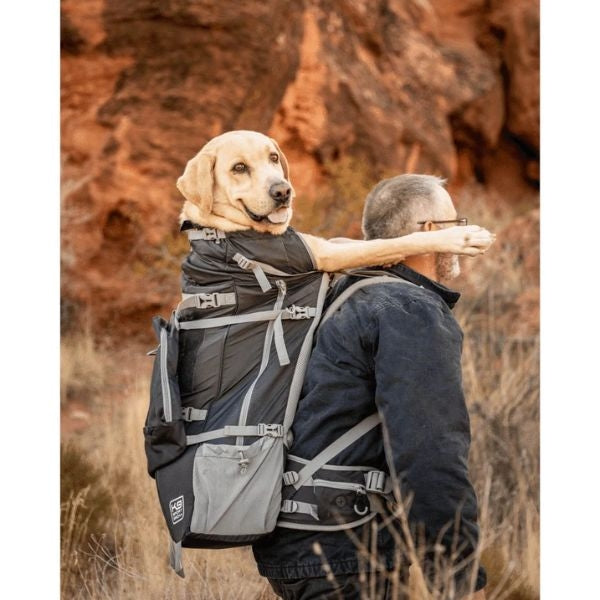 A close-up of a dog dad and his furry companion enjoying a sunny hike with their trusty dog hiking backpack