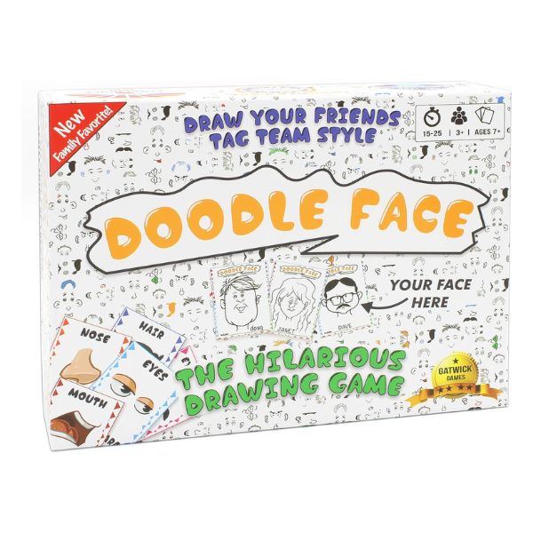 Doodle Face Game packaging, a drawing game for parties.
