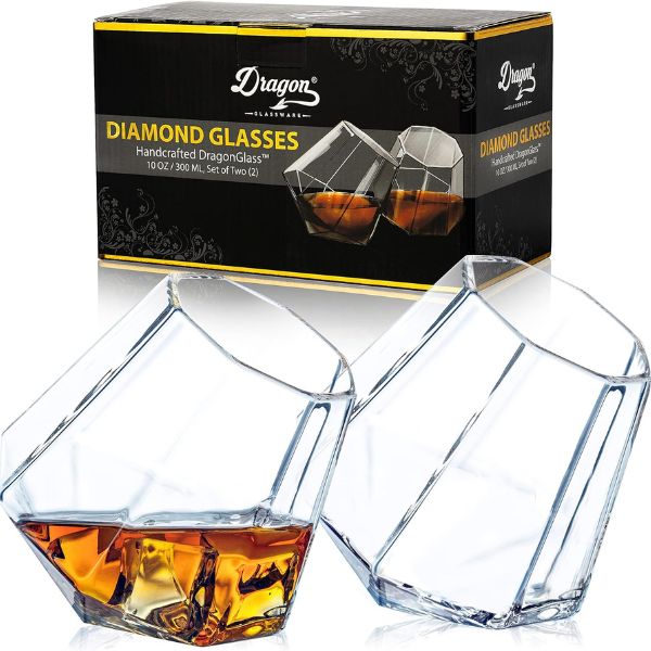 Elegant Dragon Glassware diamond-shaped whiskey glasses for 60th anniversary gift.