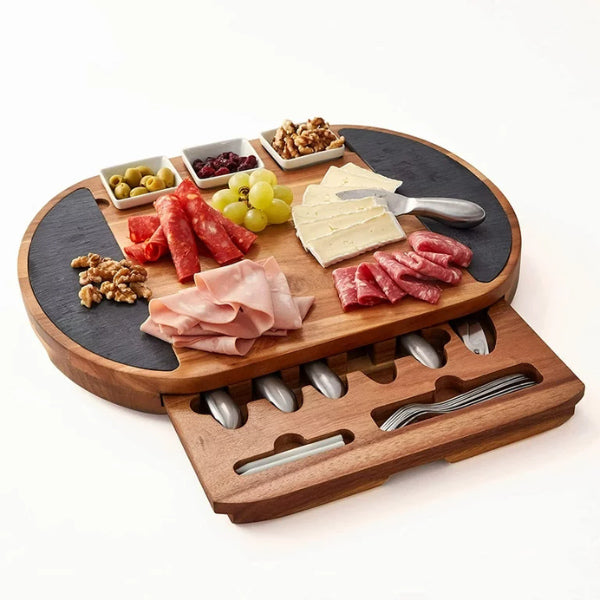 A charming Elegant Acacia Wood Charcuterie Board, a gift of culinary craftsmanship, a cherished wedding gift for mom, ensuring her special day is filled with delightful flavors and shared moments.