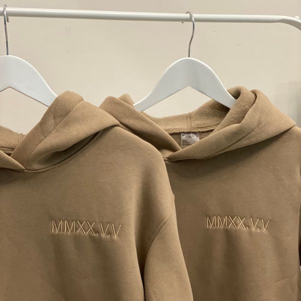 Embroidered Anniversary Roman Date Hoodies, a unique 2 year anniversary gift celebrating special dates.