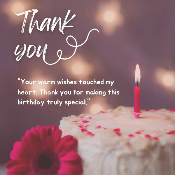 Thank you note on a birthday background with candle and flower, heartfelt appreciation for birthday greetings