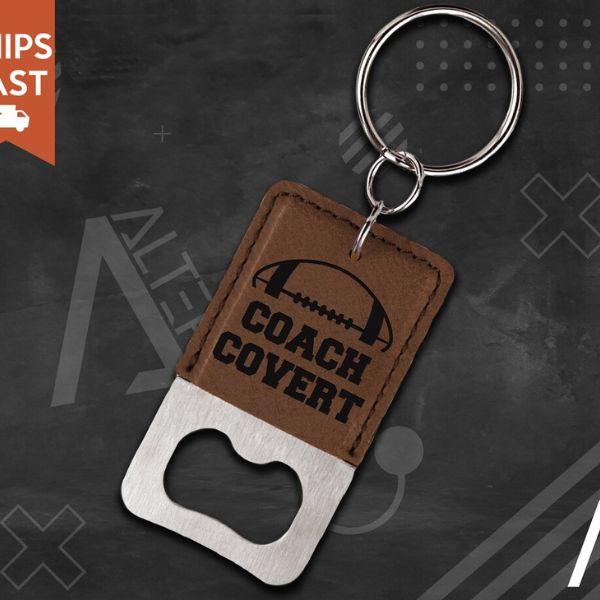 Leather bottle opener keychain engraved for a football coach, a unique gift