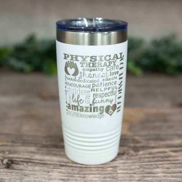 Engraved Physical Therapy Coffee Tumbler keeps beverages at the perfect temperature, a practical and personalized gift for physical therapists.