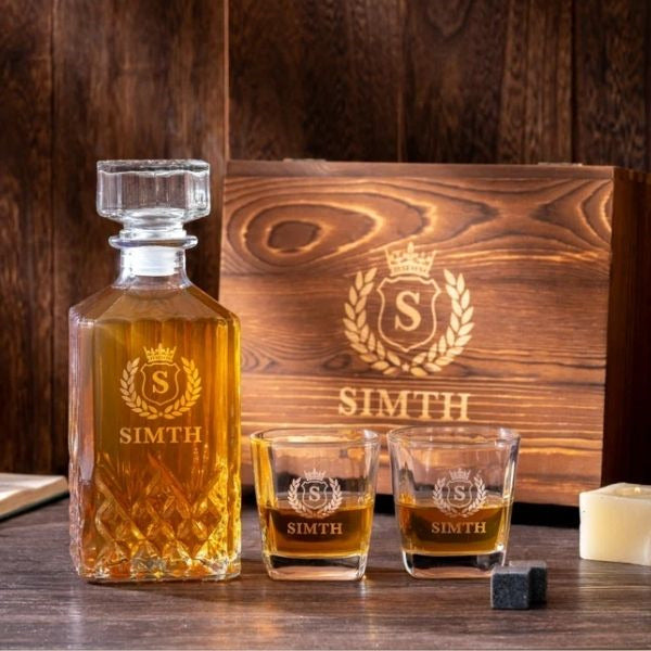 Engraved Whiskey Decanter Set, a sophisticated and stylish wedding gift for dad, showcasing timeless elegance.