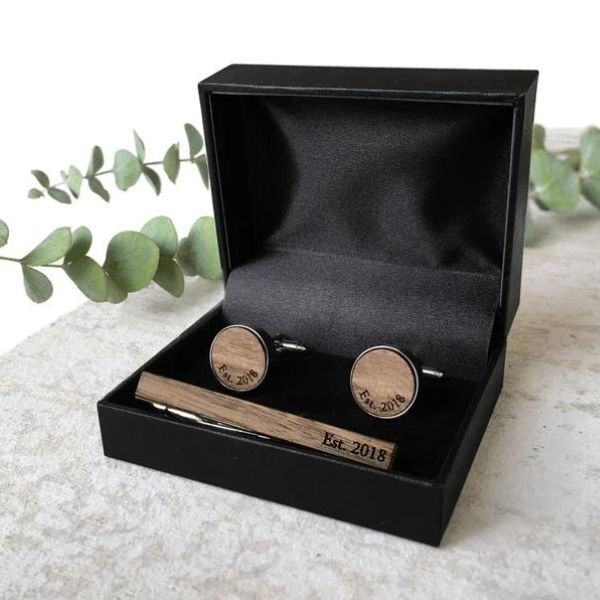 Engraved Wood Cuff Links, a sophisticated and personal 5 year anniversary gift.