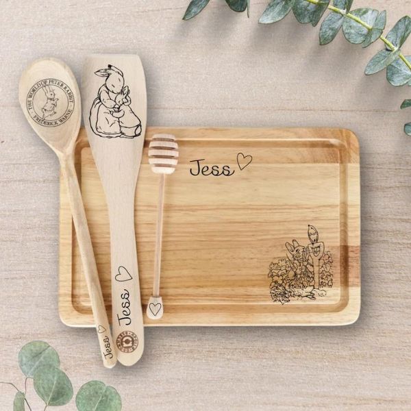 Engraved Wooden Peter Rabbit Cooking Set is a charming Easter gift for budding chefs.
