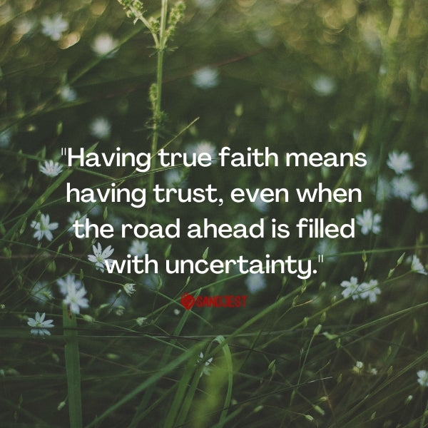 Dew on grass with a faith quote highlighting trust amidst uncertainty.