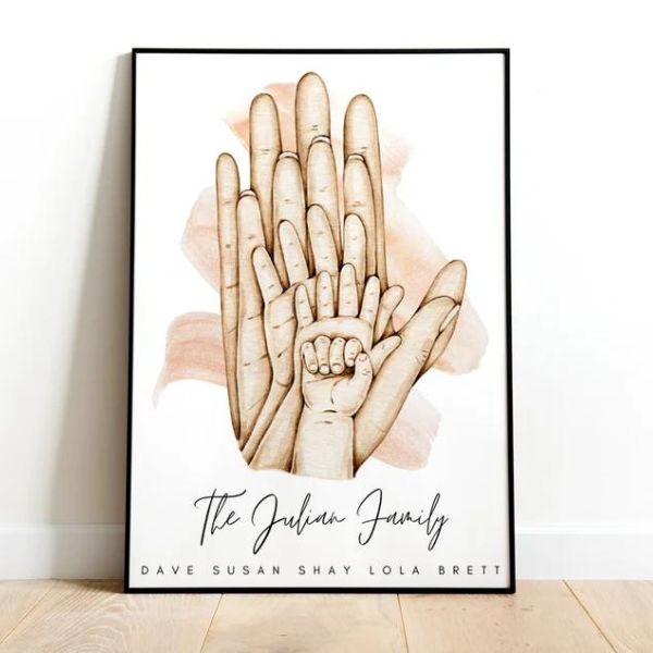 Family hands print artwork, capturing familial bonds