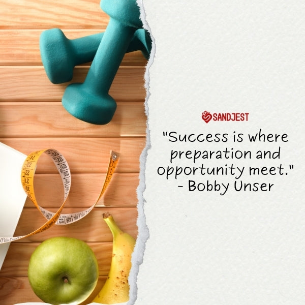 Healthy foods and gym equipment representing famous sport quotes about success.