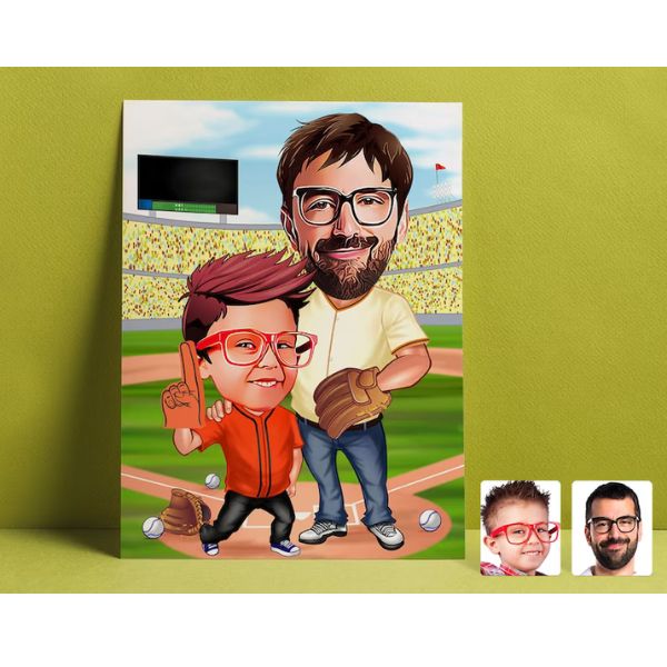 Charming Father-Son Baseball Cartoon Drawing, capturing moments in baseball father's day gifts
