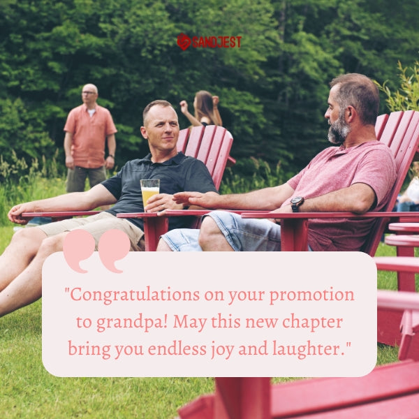 Two men relax outdoors, celebrating a father-in-law's new grandpa status with a toast