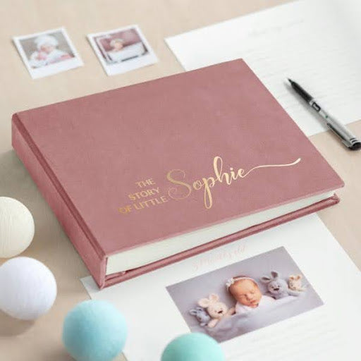 First Year Baby Memory Book as Personalized Blush Pink Baby Album for treasured Baby Day memories.