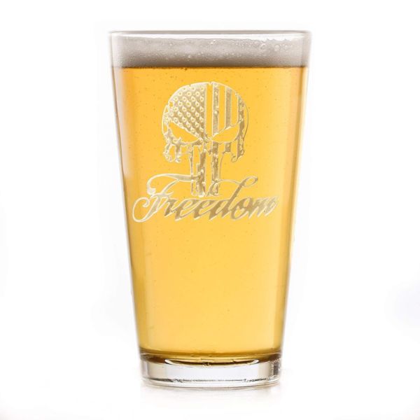 Freedom Skull Stars and Stripes pint glass, a unique military retirement gift for beer enthusiasts.