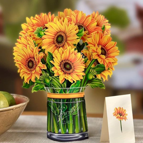 A Freshcut Paper Sunflower Pop Up Card, bringing a burst of joy for a 3 year anniversary gift.